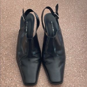 Black leather clog with strap